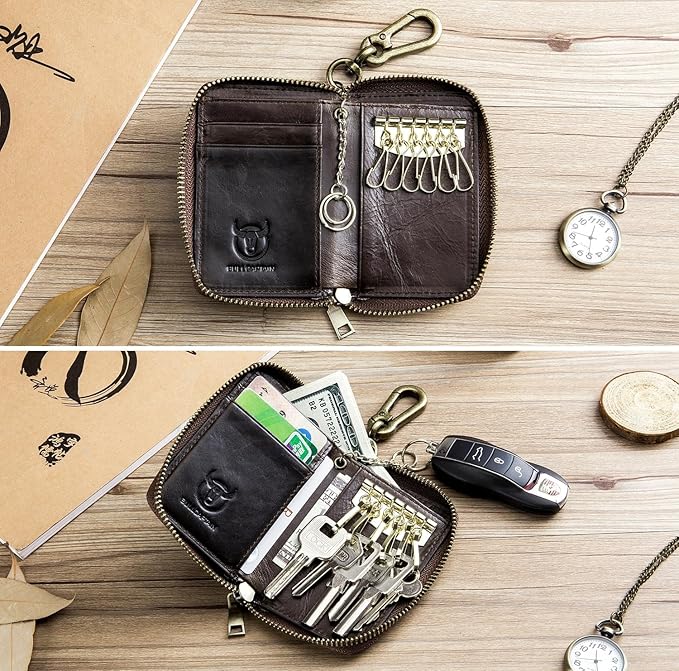 Men's Zipper Key Organizer Rfid Wallet with 6 Hooks Leather Key Holder Case (Dark brown)