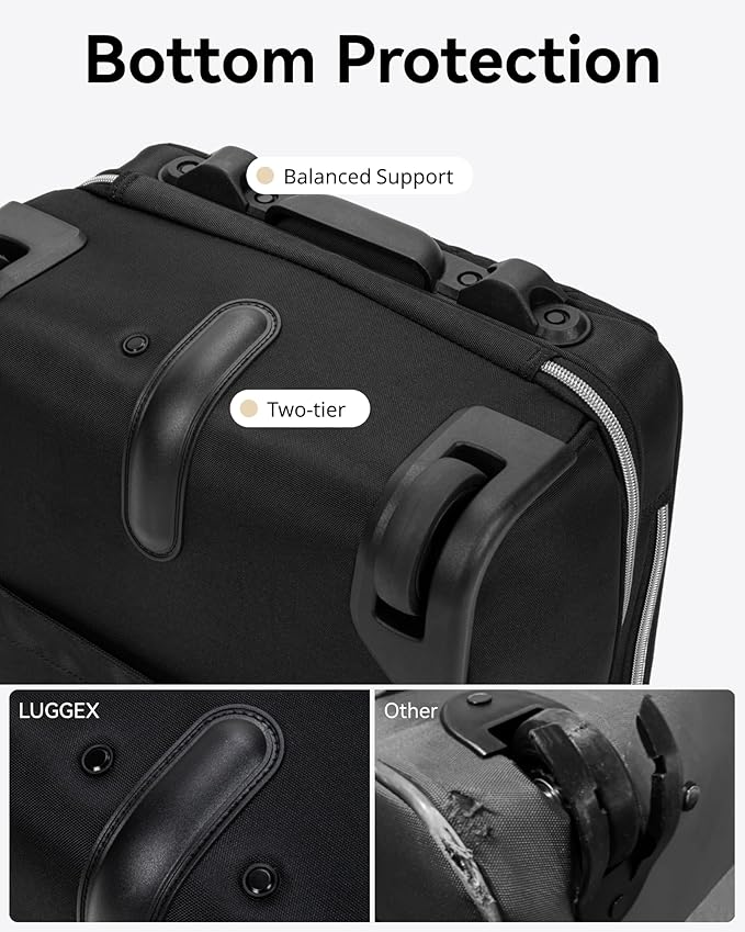 LUGGEX Underseat Carry On Luggage with Wheels, Stylish Lightweight Under Seat Luggage, Soft Sided Personal Item Suitcase for Short Trip (All Black, 16 Inch)
