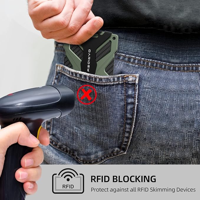 Minimalist Wallet for Men- Slim Aluminum Metal Money Clip with Clear ID Card Holder, RFID Blocking, Holds up 15 Cards with Cash Clip, Ultra-Thin Tactical Carbon Fiber -Army Green