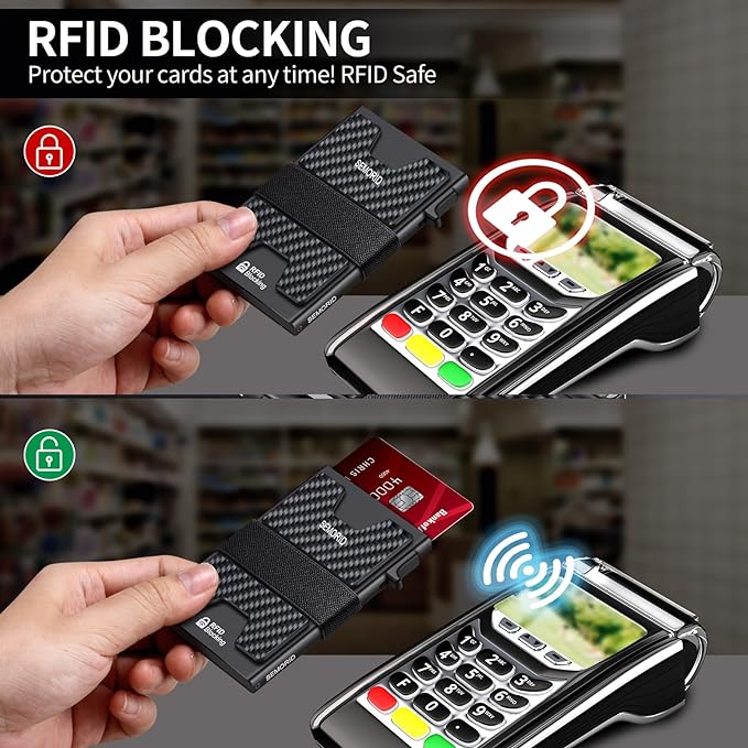 Slim Wallet for Men, Minimalist RFID Blocking Mens Wallet with Pop Up Case, Thin Metal Credit Card Holder with Cash Strap & Expandable Backplate - Holds 12 Cards