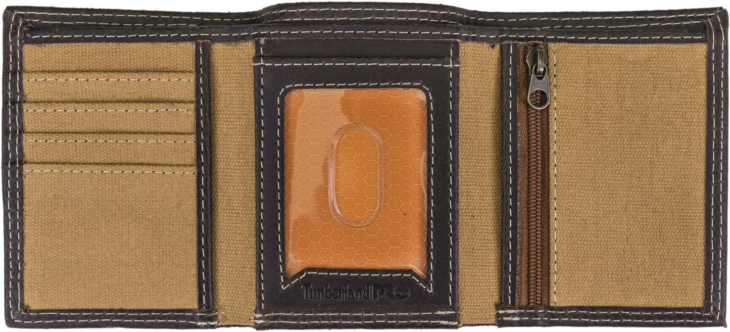Timberland PRO Men's Canvas Leather RFID Trifold Wallet with Zippered Pockets