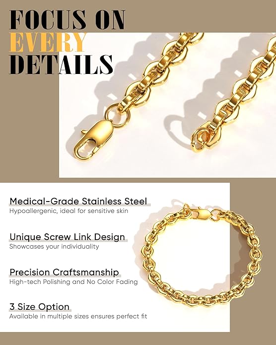 VNOX Link Chain Bracelets for Men - Cool Mens Bracelets Diamond-Cut Paperclip Solid Chain Bracelet Chunky Stainless Steel Jewelry Trendy Gifts