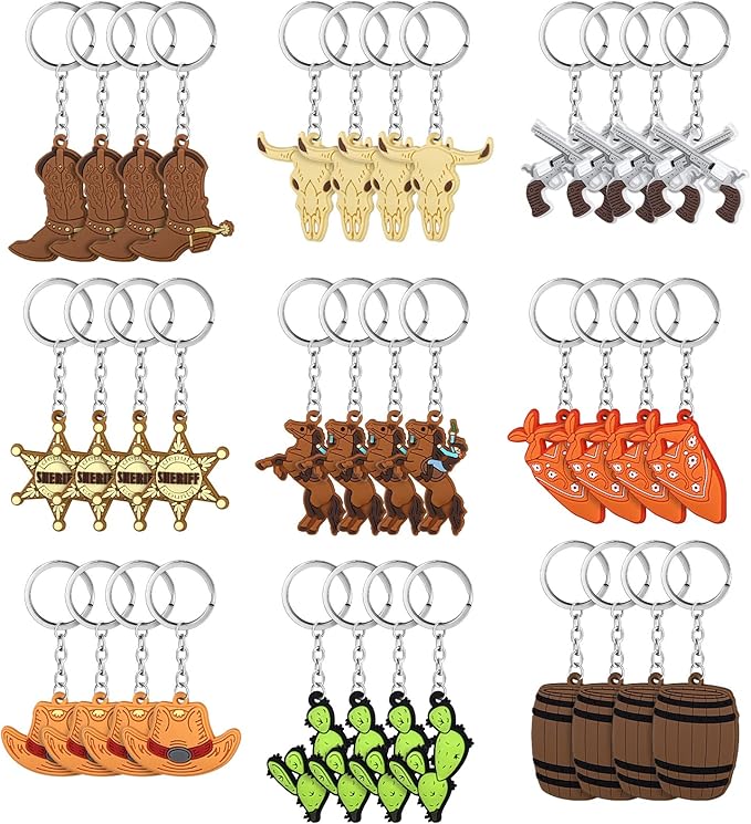 Panelee 36 Pcs Western Cowboy Keychain Bulk Silicone Horse Boot Cowboy Hat Western Themed Party Keychain for Christmas Holiday Birthday Gifts