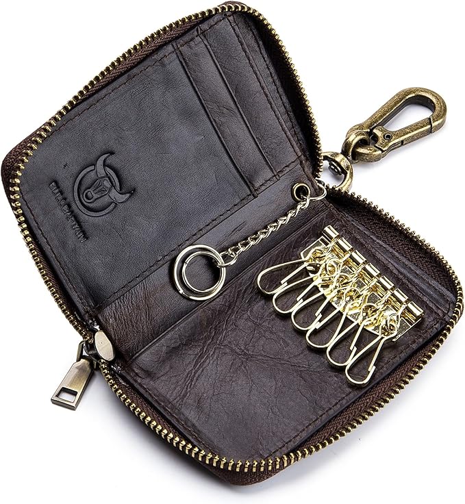 Men's Zipper Key Organizer Rfid Wallet with 6 Hooks Leather Key Holder Case (Dark brown)