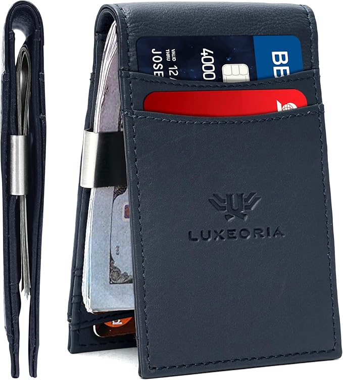 LUXEORIA Full Grain Genuine Leather Moneyclip Wallet for Men, Handcrafted Travel Wallet, Slim Mens Wallet, RFID Wallet for Men - Card Holder, 10 Card Slots -Navy