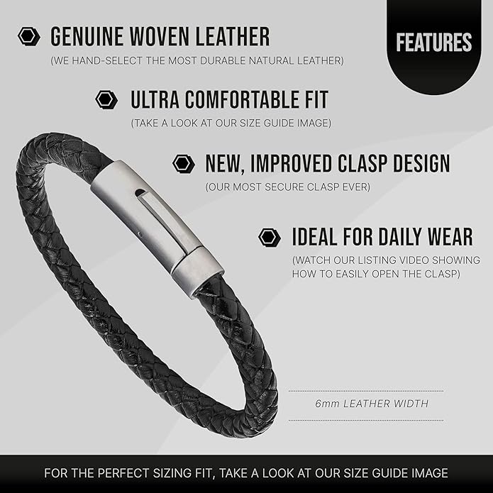 LUXAR Men’s Genuine Leather Bracelet | Interwoven Black Leather Bracelets with Brush Stainless Steel Clasp | Minimalist, Designer Jewelry for Men