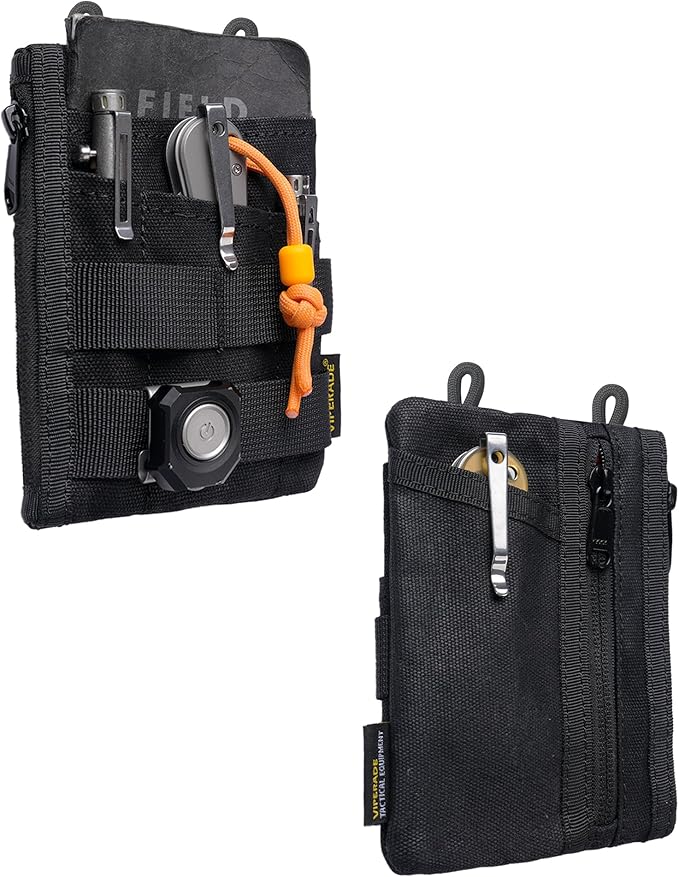 VIPERADE VE16N-OW Waxed Canvas Zipper Wallet, Minimalist with 5 Pockets, 2 Zipper Slim Pocket Multitool Pouch for Everyday Carry (Black)