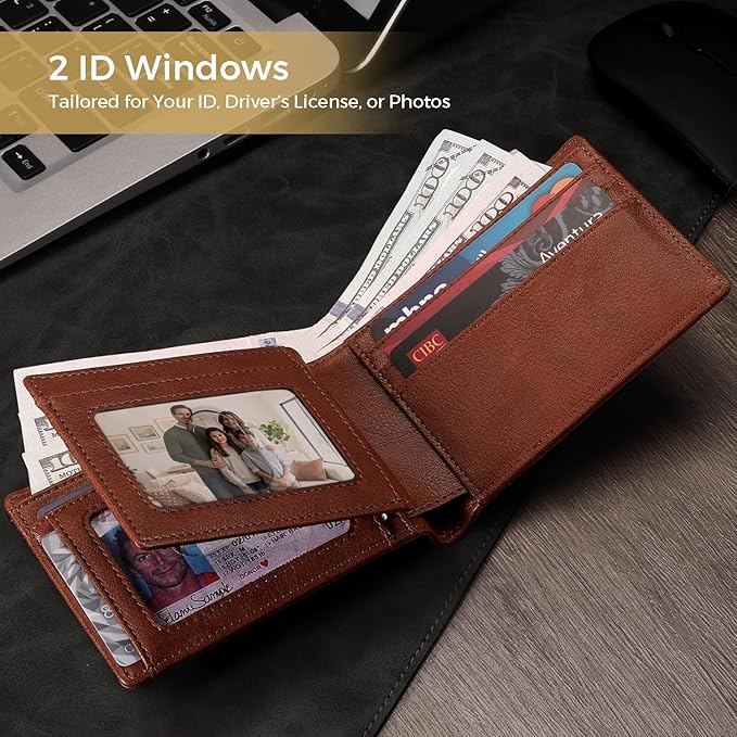 RUNBOX Wallet for Men Bifold RFID Blocking Wallets with 2 ID Window 14 Card Holders 1 cash pocket 1 Gift Box
