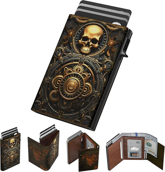 typecase Mens Wallet Card Holder: Pop Up Aluminum Case, Carbon Fiber Leather, Smart, RFID Blocking, Slim, Minimalist, Front Pocket - 9-14 Card Capacity | ID Window | Cash Slot (Skull)