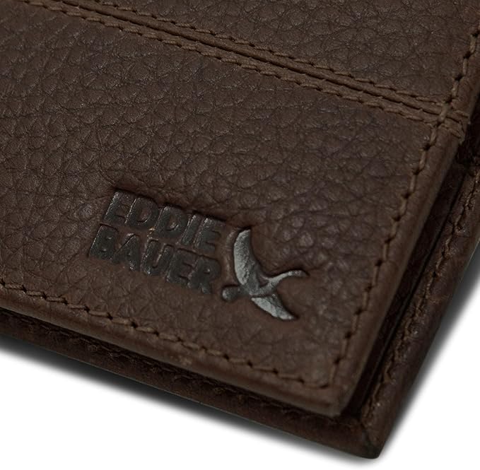 Eddie Bauer Men's Rugged Leather Bifold Wallet | Money Clip | RFID Protection | ID Window | Genuine Leather | EDC