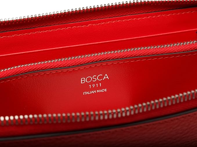 Bosca Womens Wallet - Slim Italian Leather Zip 8" Wallet For Women, Handmade in Italy - 12 Card Pockets, 2 Bill/Phone Pockets, Zipper Coin Pocket, Red