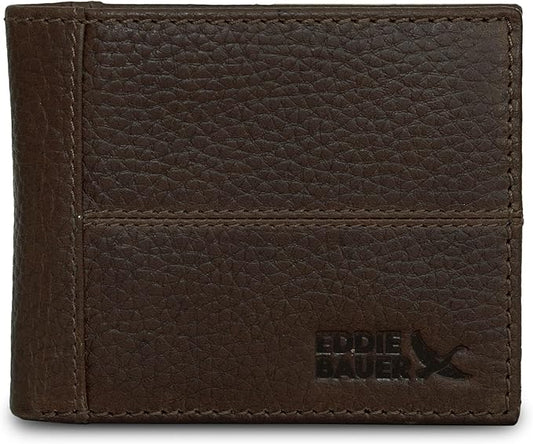 Eddie Bauer Men's Rugged Leather Bifold Wallet | Money Clip | RFID Protection | ID Window | Genuine Leather | EDC
