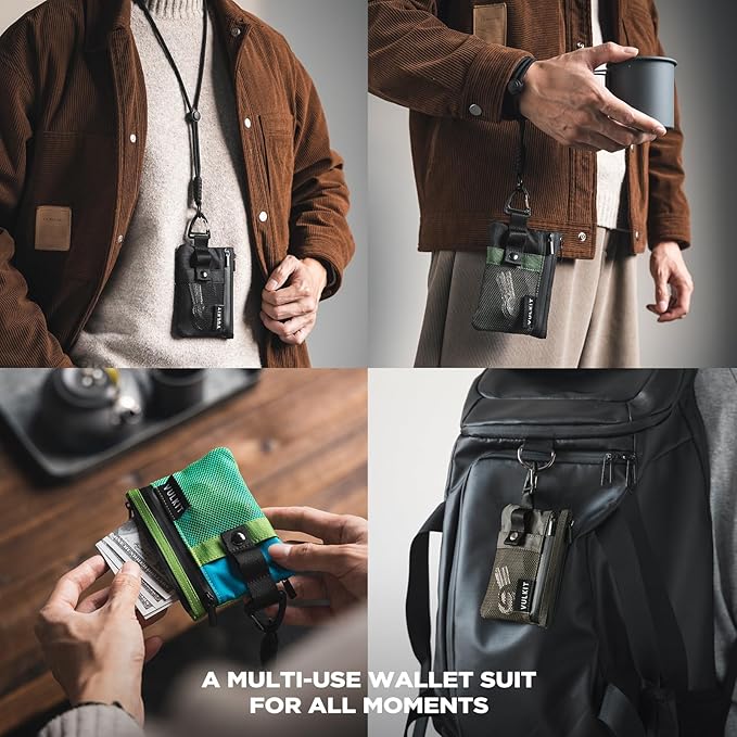 VULKIT Small Minimalist Wallet for Women and Men RFID Blocking, Zipper Coin Pouch with ID Window and Keychain, Water Resistant Travel Lanyard Wallet Camouflage