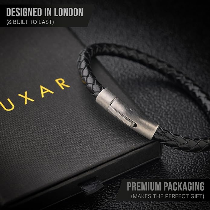 LUXAR Men’s Genuine Leather Bracelet | Interwoven Black Leather Bracelets with Brush Stainless Steel Clasp | Minimalist, Designer Jewelry for Men