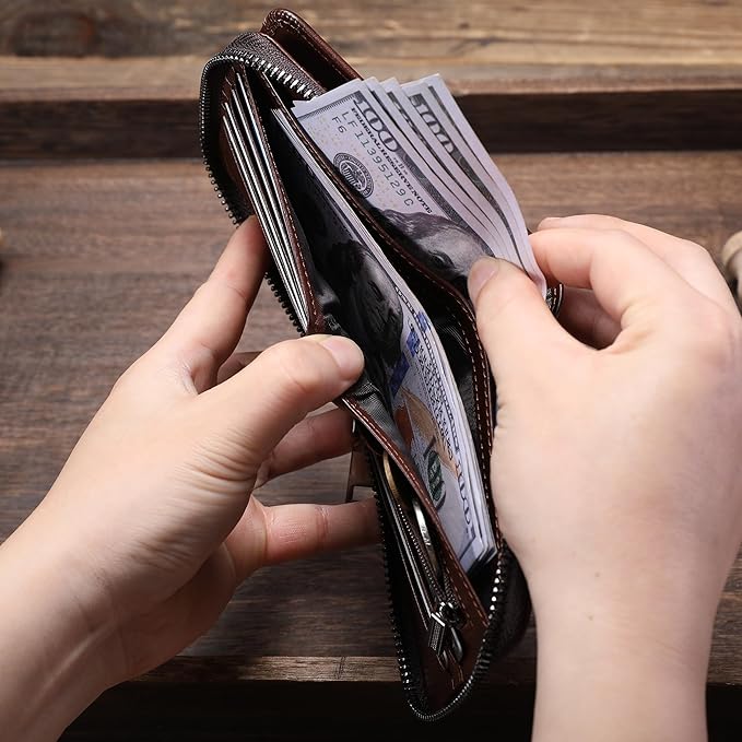 LUKZIJAES Genuine Leather Wallet for Men RFID Blocking Large Capacity Credit Card Vintage Men's wallet Zipper ID Window Coin Pocket (#8-Coffee)