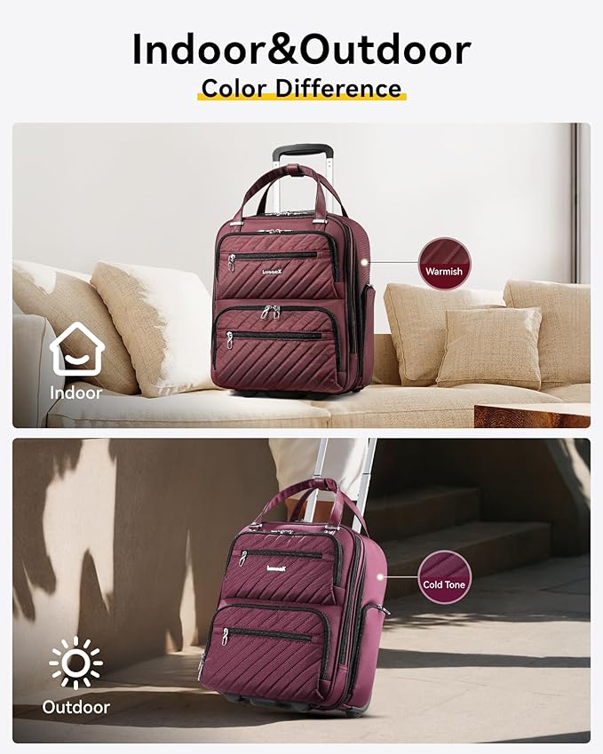 LUGGEX Underseat Carry On Luggage with Wheels, Stylish Lightweight Under Seat Luggage, Soft Sided Personal Item Suitcase for Short Trip (Dark Scarlet, 16 Inch)