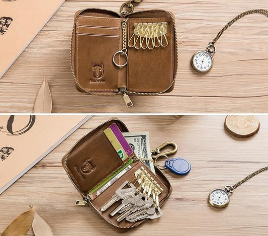 Men's Zipper Key Organizer Rfid Wallet with 6 Hooks Leather Key Holder Case (Yellow brown)