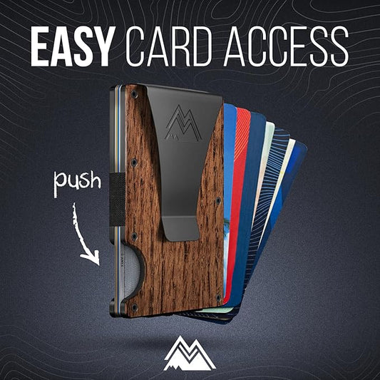 Mountain Voyage Co Minimalist Wallet for Men & Women - Slim RFID Wallet, Scratch Resistant, Credit Card Holder & Money Clip, Easily Removable Money & Cards, (Walnut Wood Carbon)