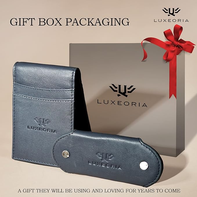 LUXEORIA Full Grain Genuine Leather Moneyclip Wallet for Men, Handcrafted Travel Wallet, Slim Mens Wallet, RFID Wallet for Men - Card Holder, 10 Card Slots -Navy