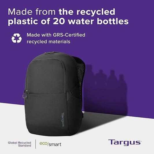 Targus Laptop Backpack Zero Waste EcoSmart Work Travel Backpack for Men Women Eco Friendly with Laptop Protection Made From 20 Recycled Water Bottles, Black (TBB641GL)