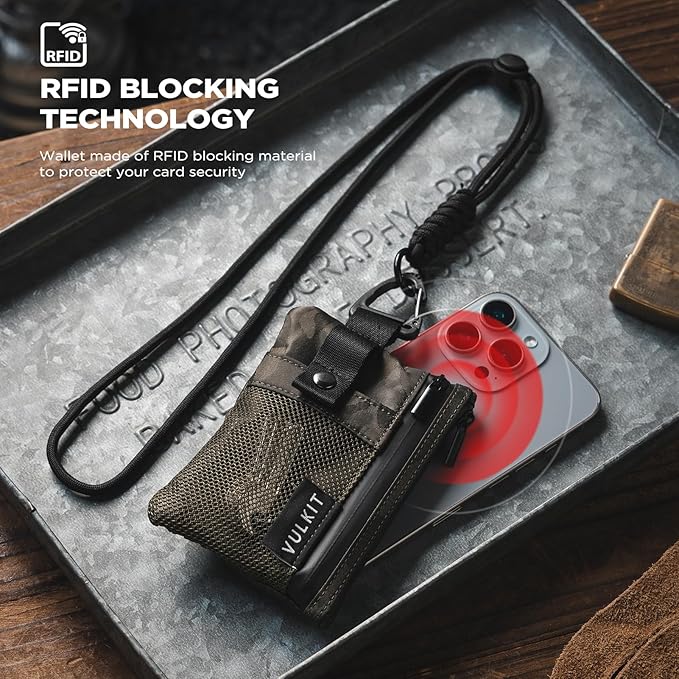 VULKIT Small Minimalist Wallet for Women and Men RFID Blocking, Zipper Coin Pouch with ID Window and Keychain, Water Resistant Travel Lanyard Wallet Camouflage