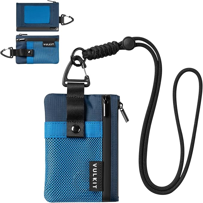 VULKIT Small Minimalist Wallet for Women and Men RFID Blocking, Zipper Coin Pouch with ID Window and Keychain, Water Resistant Travel Lanyard Wallet Blue