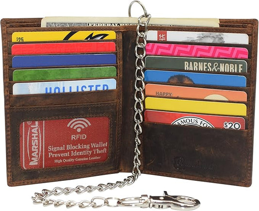 RFID Blocking Bifold Hipster Credit Card Wallet Premium Lambskin Leather (Vintage Brown With Chain)