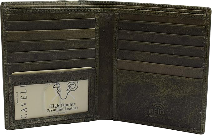 RFID Blocking Bifold Hipster Credit Card Wallet Premium Lambskin Leather (Cavelio Green)