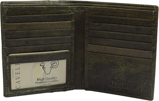 RFID Blocking Bifold Hipster Credit Card Wallet Premium Lambskin Leather (Cavelio Green)