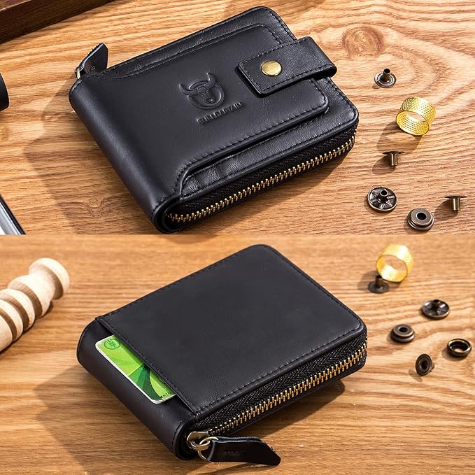 LUKZIJAES Genuine Leather Wallet for Men RFID Blocking Large Capacity Card Case with Zipper ID Window Coin Pocket (#2-Black)