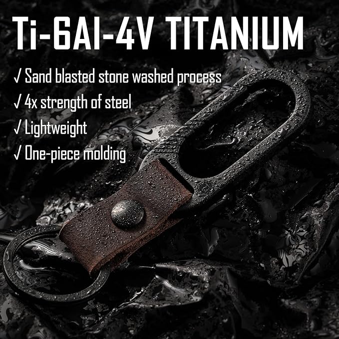 KeyUnity KM02 Titanium Belt Clip Carabiner Leather Keychain Holder with Removable Stainless Steel Key Ring