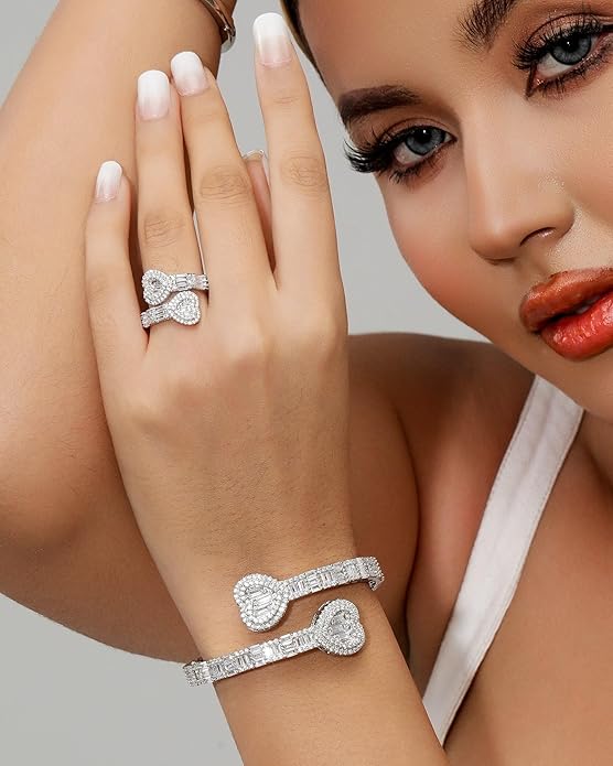 Lulu Mel Iced Out Baguette Diamond Bracelet Jewelry for Women, Hip Hop Mens 14k Gold Silver Plated Cubic Zirconia Bangle Bracelet, Men Heart Cuff Bracelet With Jewelry Box