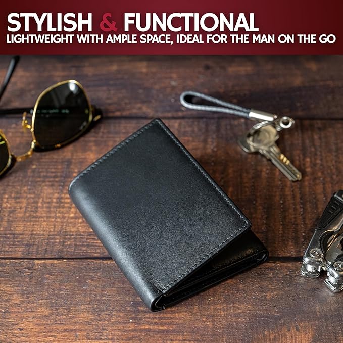 BULL GUARD RFID Leather Trifold Wallets for Men ID Window, Secret Pocket, Black