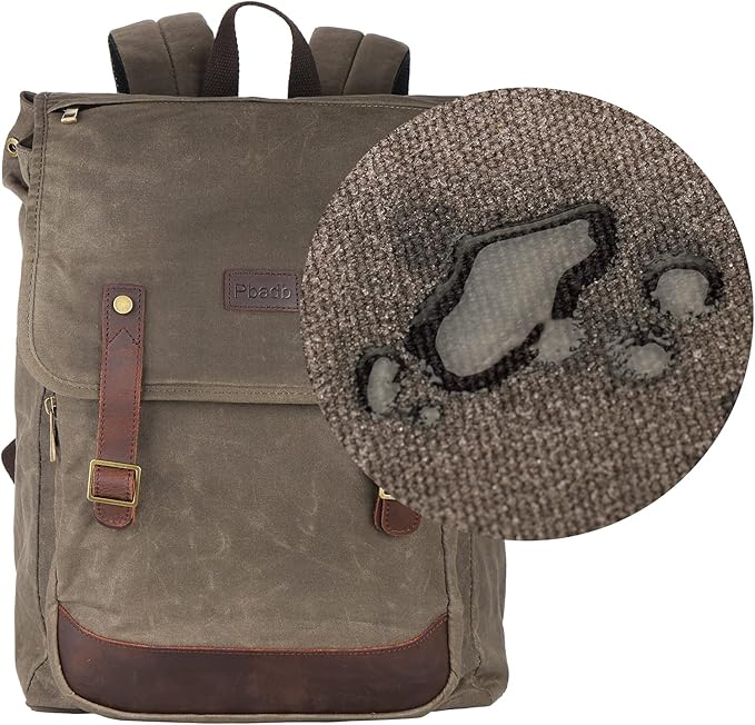 Waterproof Waxed Canvas Backpack for Men Travel Rucksack Leather Trimming (Green)