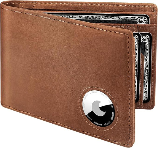 LORZOR AirTag Wallet - Bifold Full Grain Leather Mens Air Tag Wallet with AirTag Holder, RFID Blocking Minimalist Wallet for Men for Apple Air Tag, up to 11 Cards Gifts for Men