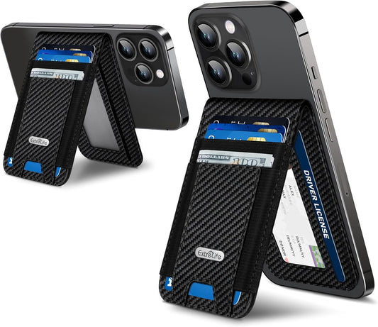 For Magsafe Wallet Stand, Strongest Magnetic Wallet for iPhone 17/16/15/14/13/12 Series, ID Window, 4 Card Slots, Fit 9 Cards, Vegan Leather, RFID Blocking, Black Carbon Fiber