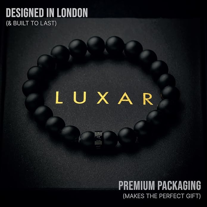 LUXAR Men’s Black Onyx Stone Bead Bracelets | Matte Black 8mm Stone | Minimalist, Designer Jewelry for Men