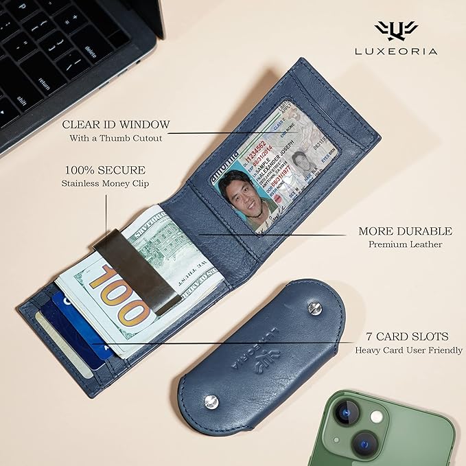 LUXEORIA Full Grain Genuine Leather Moneyclip Wallet for Men, Handcrafted Travel Wallet, Slim Mens Wallet, RFID Wallet for Men - Card Holder, 10 Card Slots -Navy