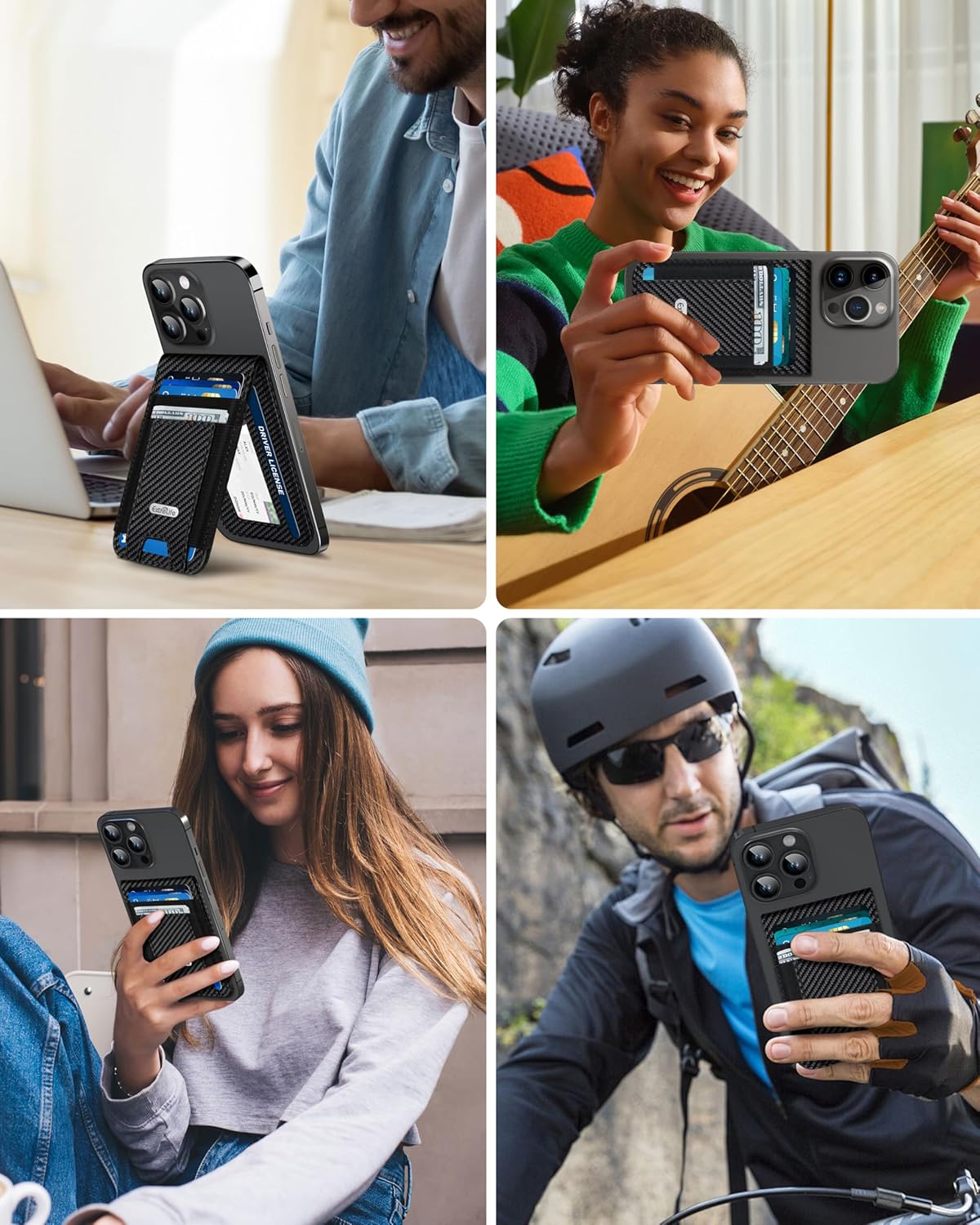 For Magsafe Wallet Stand, Strongest Magnetic Wallet for iPhone 17/16/15/14/13/12 Series, ID Window, 4 Card Slots, Fit 9 Cards, Vegan Leather, RFID Blocking, Black Carbon Fiber