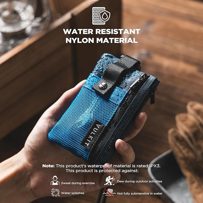 VULKIT Small Minimalist Wallet for Women and Men RFID Blocking, Zipper Coin Pouch with ID Window and Keychain, Water Resistant Travel Lanyard Wallet Blue