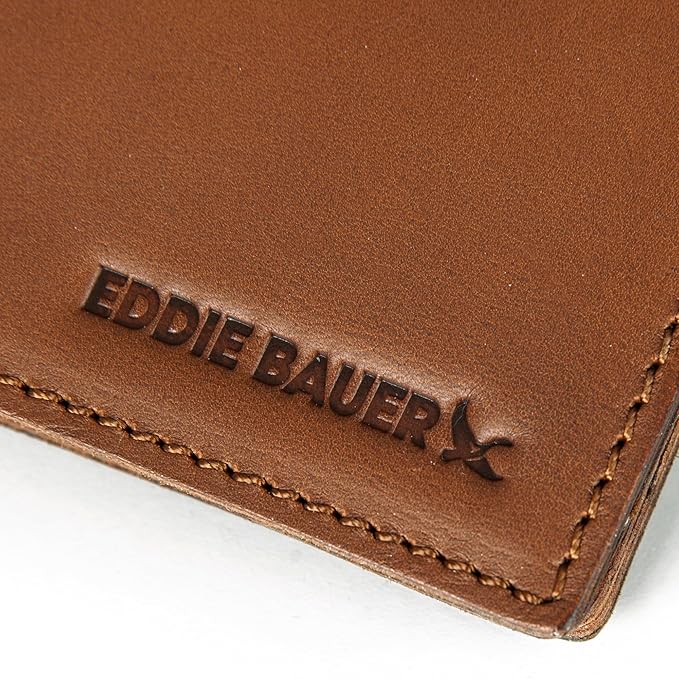Eddie Bauer Men's Rugged Leather Bifold Wallet | Money Clip | RFID Protection | ID Window | Genuine Leather | EDC