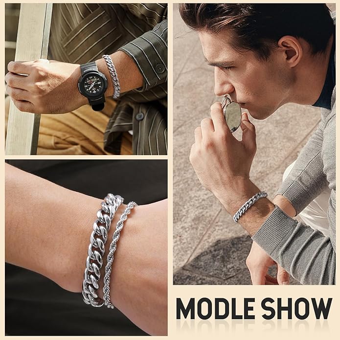 VNOX Link Chain Bracelets for Men - Cool Mens Bracelets Diamond-Cut Paperclip Solid Chain Bracelet Chunky Stainless Steel Jewelry Trendy Gifts