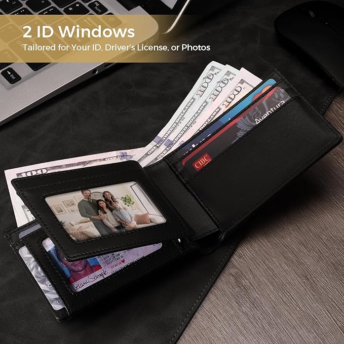RUNBOX Wallet for Men Bifold RFID Blocking Wallets with 2 ID Window 14 Card Holders 1 cash pocket 1 Gift Box