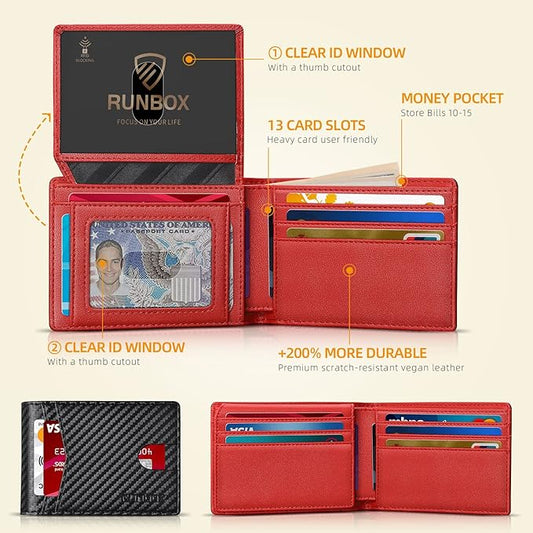 RUNBOX Wallet for Men Slim Rfid Leather 2 ID Window With Gift Box