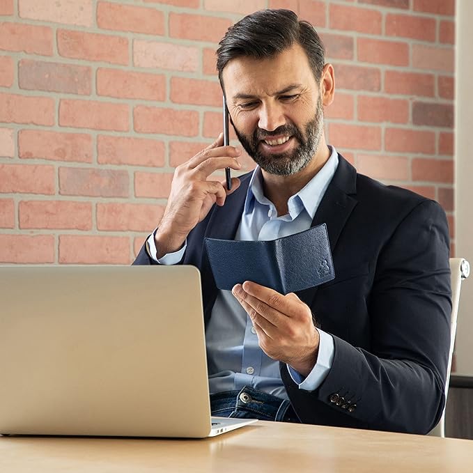 BULL GUARD Mens RFID Blocking Bifold Wallet Soft Genuine Leather Brown Western | Secure and Durable Extra Capacity Billfold in Buffalo Blue Leather