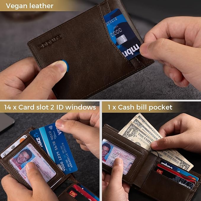 RUNBOX Wallet for Men Bifold RFID Blocking Wallets with 2 ID Window 14 Card Holders 1 cash pocket 1 Gift Box