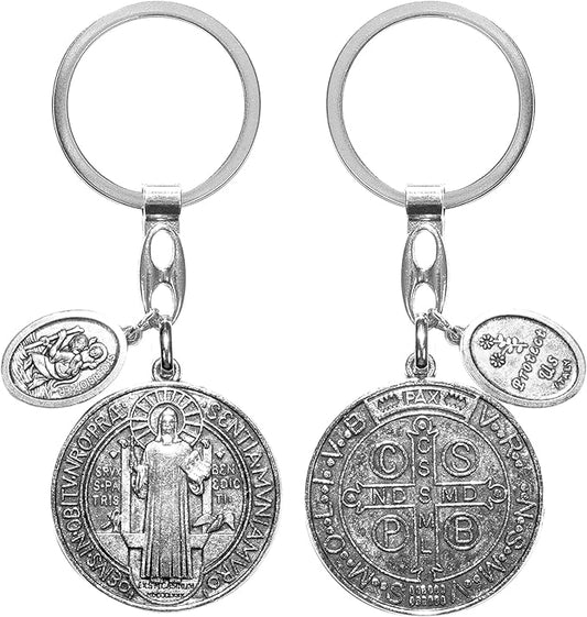 Pardon Cross St Christopher St Michael Caravaca Keychain, St Benedict and Milagrosa Medal