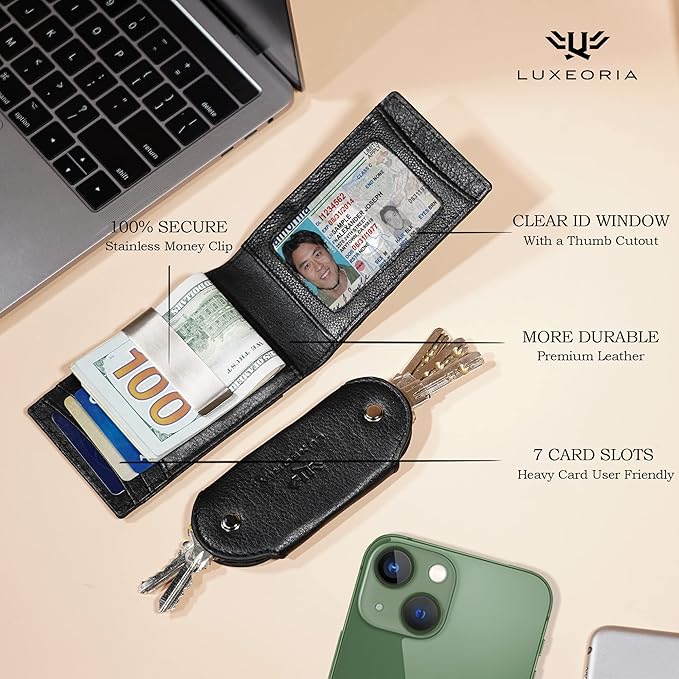 LUXEORIA Full Grain Genuine Leather Moneyclip Wallet for Men, Handcrafted Travel Wallet, Slim Mens Wallet, RFID Wallet for Men - Card Holder, 10 Card Slots - Black