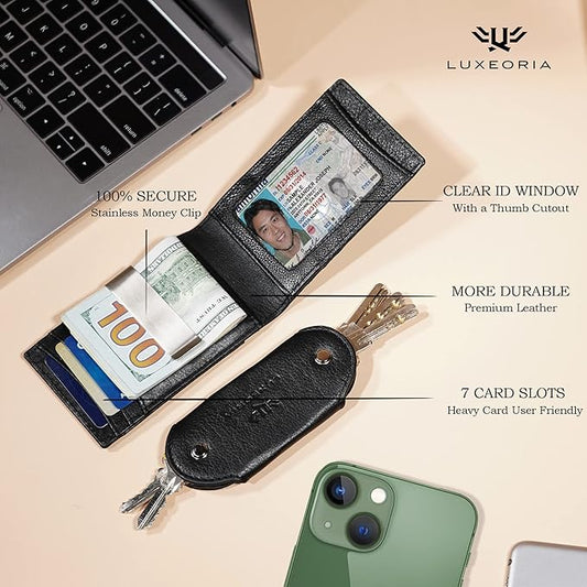 LUXEORIA Full Grain Genuine Leather Moneyclip Wallet for Men, Handcrafted Travel Wallet, Slim Mens Wallet, RFID Wallet for Men - Card Holder, 10 Card Slots - Black