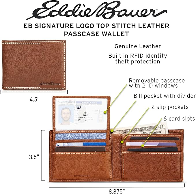 Eddie Bauer Men's Rugged Leather Bifold Wallet | Money Clip | RFID Protection | ID Window | Genuine Leather | EDC